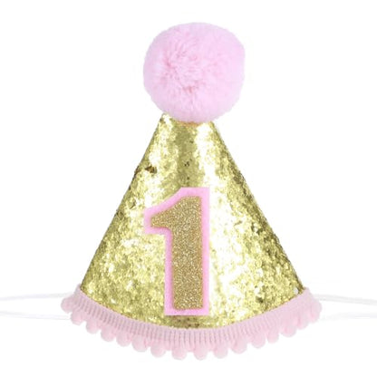 Bremorou Sprinkle 1st Birthday Hat, Pink Birthday Party Hats For Kids, Pink and Golden 1st Birthday Crown, First Birthdays Cake Smash Party Hats Birthdays Glitter Cone Hats for Girl Party Photo Props