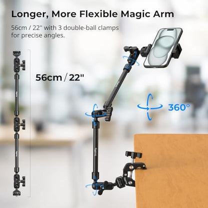 SMALLRIG 22" Magic Arm Clamp, Overhead Phone Mount Holder Stand, Flexible Desk Camera Mount, Articulating Friction Boom Arm, for POV Shot, Filming, Light, Webcam, Action Camera - style: Double Ball Joints