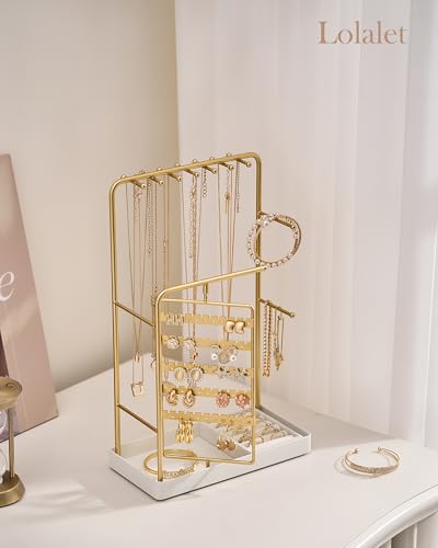 Lolalet Jewelry Organizer Stand, No Assembly Needed Display Storage with Rotating Earring Holder for Room Dorm Decor Necklace Bracelet Rings, Gifts for Mom Women Girls Mother's Day -Gold - color: Gold