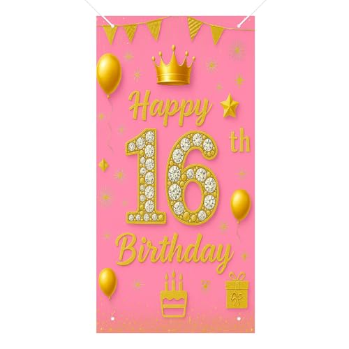 HOMETITUTE Sweet 16 Birthday Door Cover 71x35 Inch Pink and Gold Banner for Girl Birthday Party Decorations Sixteen Backdrop Sign for Porch Wall Party Supplies - color: Pink and Gold Sweet 16