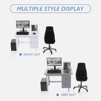 Garneck 2 Sets Miniature Dollhouse Office Desk Set: 1:12 Scale Computer Table Chair Keyboard Mouse Monitor Books CPU Accessories for Mini Furniture Display Pretend School Project