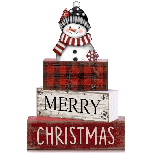 Lineshading 4 Pcs Winter Table Decoration Wooden Snowman Christmas Tiered Tray Decor Red Buffalo Plaid Block Signs Snowman Table Centerpiece Farmhouse Winter Decoration for Home Kitchen Shelf - style: Christmas Snowman