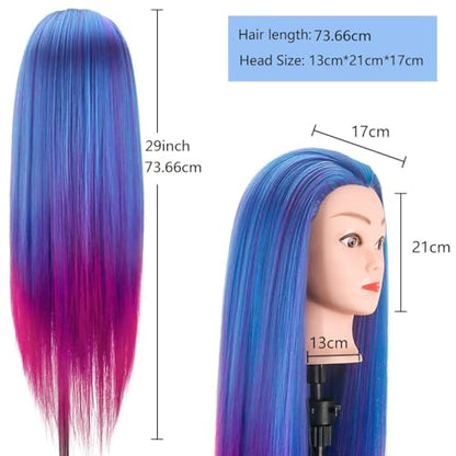 Beauty Star 29 Inches 100% Synthetic Fiber Hair Training Head Cosmetology Hairdressing Mannequin Manikin Doll Head with Table Clamp Holder & DIY Hair Braid Set - color: Blue & Purple