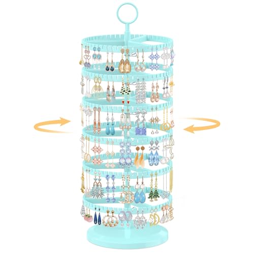 EsLuker.ly Earring Holder Organizer Rotating Stud Display Tree Rack with 342 U-Slots for Women Girls, Large Adjustable 6 Tier Plastic Storage Stand with Metal Tray for Pierced Hoop Post Earring, Blue - color: Blue