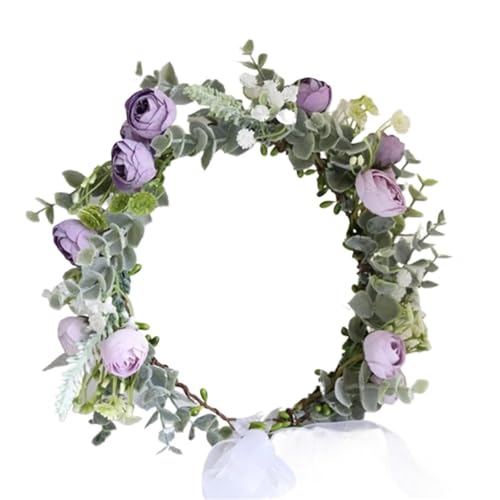 Colorful Rose Flower Crown Wreath Festival Wedding Flower Crown Photo Props Rose Green Leaf Floral Headpiece Hair Wreath Spring(Khaki) - color: Khaki