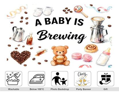 10x8ft A Baby is Brewing Backdrop Sweet Croissant Coffee Beans Cute Bear Baking Theme Feeding Bottle Newborn Cake Smash Brown Baby Shower Decorations Photography Background Photo Studio Props - size: 10x8ft