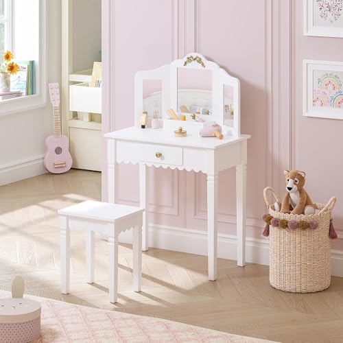 Spirich Kids Vanity Set with Mirror and Stool, Kids Make Up Vanity Desk for Little Girls, Children Makeup Dressing Table with Drawer - size: Golden bow