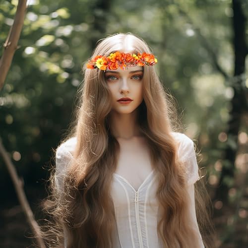 Wedding Floral Crown Women Floral Headband Flower Halo Flower Crown Bridal Party Cosplay Halloween Costume Photos - color: light orange