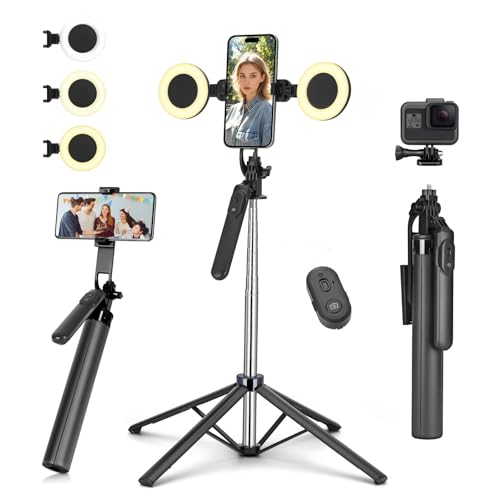 Metal Selfie Stick Tripod for iPhone with Light,70 inch Cellphone Selfiestick with Remote,Phone Tripod Holder for Video Recording,Portable Travel Selfie Stick Compatible with iPhone,Android and Gopro - color: A-tripod with light