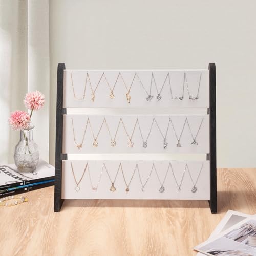 Necklace Holder 3 Tier Wood Necklace Organizer Stand with White Velvet, Necklace Display Stand for Selling, Chain Necklace Holder Rack for Show, 72 Necklaces Bracelets - style: Black Side Panels-White