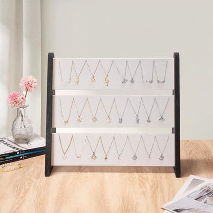 Necklace Holder 3 Tier Wood Necklace Organizer Stand with White Velvet, Necklace Display Stand for Selling, Chain Necklace Holder Rack for Show, 72 Necklaces Bracelets - style: Black Side Panels-White