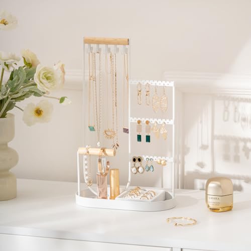 ProCase Jewelry Organizer Tower, 10 Hooks Jewelry Storage Rack Tree Holder Stand with Velvet Ring Display Tray for Necklaces Bracelets Earrings Rings Watches -White - color: White