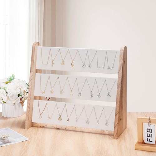 Necklace Holder 3 Tier Wood Necklace Organizer Stand with White Velvet, Necklace Display Stand for Selling, Chain Necklace Holder Rack for Show, 72 Necklaces Bracelets - style: One-Sided White