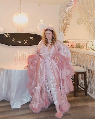 Feather Silk Satin Bridal Robe Long Wedding Scarf Illusion Bathrobe Sleepwear for Women Sexy Lingerie Nightgown - color: Blush Pink, size: Large-X-Large