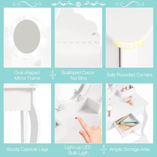 Spirich Kids Vanity, Girls Vanity Set with Mirror and Stool and Lights, Kids Vanity Table and Chair Set,Wooden Princess Makeup Desk Dressing Table - size: Round Shape With Led Blubs