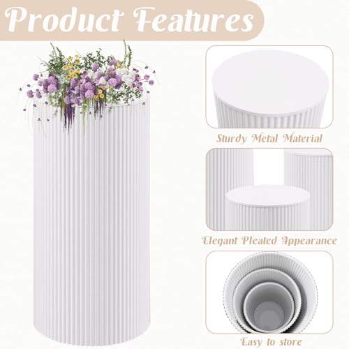 Metal Pleated Cylinder Pedestal Stands for Party, 3 Pieces Heavy Duty Round Cake Pedestal Stand Display Plinth Pillars Art Decor for Wedding Ceremony Birthday Party（Medium, White） - size: Xl:29.72"x14.17", L:23.82"x12.6", M:21.85"x11.02"