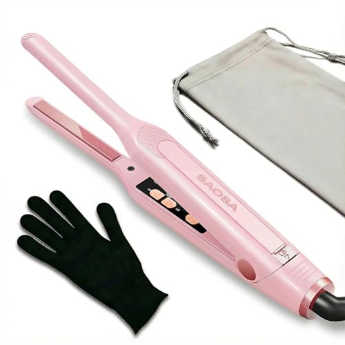 SAOSA Mini Pencil Flat Iron for Short Hair - 0.3" Ultra-Thin Hair Straightener & Curler, 9 Temp (190°F-430°F), Ceramic Tourmaline, Fast 30s Heat Up, Travel Kit with Pouch & Glove, Dual Voltage - color: Pink
