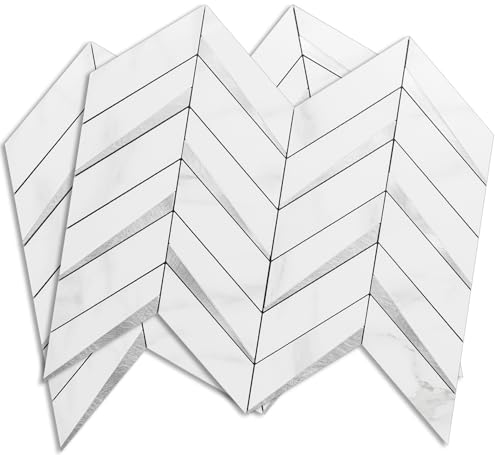 DICOFUN 10-Sheet Herringbone Tile Peel and Stick Backsplash, Polished White Marble PVC Mixed Metal Silver Stick on Backsplash for Kitchen and Bathroom Wall - color: Polished White Marble and Metal Silver, size: 10 Sheets, 12"x12"x0.12"