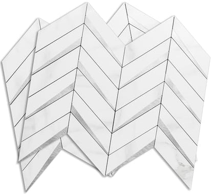 DICOFUN 10-Sheet Herringbone Tile Peel and Stick Backsplash, Polished White Marble PVC Mixed Metal Silver Stick on Backsplash for Kitchen and Bathroom Wall - color: Polished White Marble and Metal Silver, size: 10 Sheets, 12"x12"x0.12"