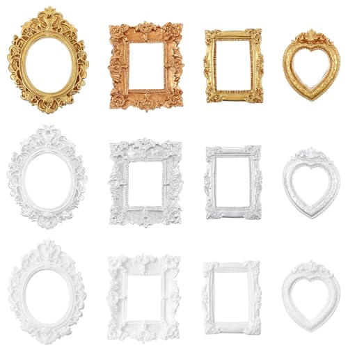 Qianyu 12 Pcs Mini Vintage Picture Frames Tiny Resin Photo Frame Small Antique Baroque Jewelry Frame Table Wall Hanging Display Frames DIY Party Wedding Decoration for Christmas Photo Props Hotel