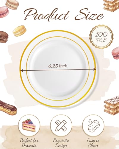 bUCLA 100Pieces Gold Plastic Plates - 6.25inch White with Gold Rim Disposable Salad/Dessert/Appetizer/Small Cake Plates Premium Hard - Ideal for Wedding, Party - color: 6.25Inch-100pcs-Gold