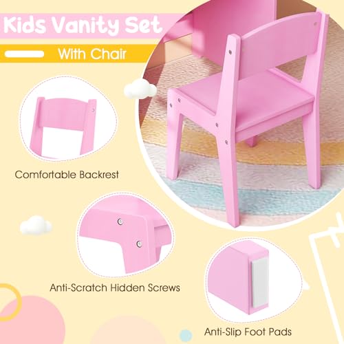 Costzon Kids Vanity with Lights, 2 in 1 Princess Makeup Desk & Chair Set with Lighted Mirror, Drawer, Storage Shelves & Cabinet, Toddler Dressing Table, Vanity Set for Little Girls (Pink) - style: Pink with Cabinet