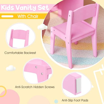 Costzon Kids Vanity with Lights, 2 in 1 Princess Makeup Desk & Chair Set with Lighted Mirror, Drawer, Storage Shelves & Cabinet, Toddler Dressing Table, Vanity Set for Little Girls (Pink) - style: Pink with Cabinet