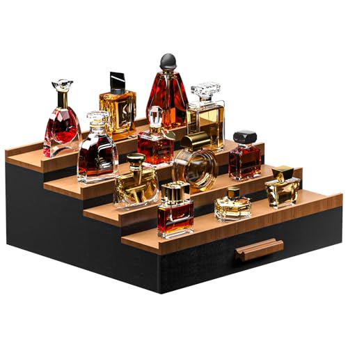 Vdamu Cologne Organizer for Men,4 Tier of Elevated Cologne Display Stand with Drawer Storage,Wood Cologne Display,Perfume Organizer and Storage Display Risers,Great Gift for Men (Black Walnut) - color: BlackWalnut