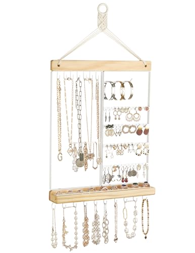 Mkono Hanging Jewelry Organizer Wall Mounted Earring Holder Metal Necklace Holder Wood Shelf with 55 Holes and 7 Hooks Display Rack For Storage Bracelet Rings Ear Studs Accessories Women Bedroom Decor