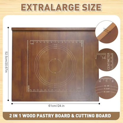 24" x 20" Reversible Wooden Pastry Board Wood Pasta Board with Lip Bread Board Cutting Board Chopping Board Pie Board with Engraved Ruler for Counter Top Kitchen-Brown - color: Brown