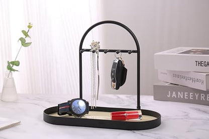 Shinpuru Metal Jewelry Organizer Stand & Key Holder Tray with Acrylic Base, Key Stand and Jewelry Tray with 5 Hooks, Perfect Key Bowl, Valet Tray, Ring Holder, Jewelry Dish (Matt Creamy) - color: Matt Creamy