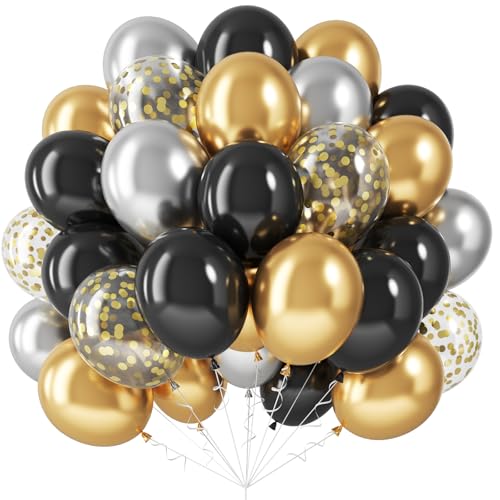 Jobkoo Latex Balloons with Gold Confetti Helium Party Balloons for Birthday Anniversary Wedding Retirement New Year Decoration, Black White Gold (BS-001) - color: Black White Gold