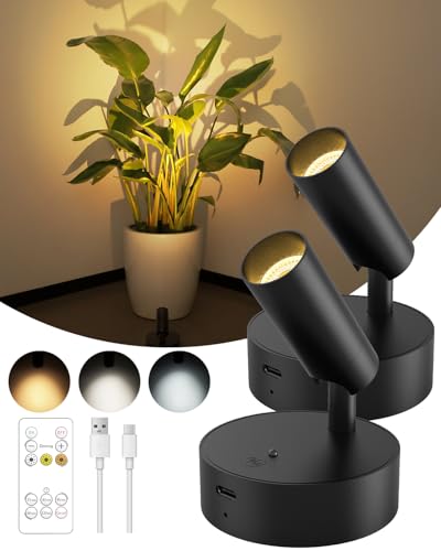 GOODEA Spotlights Indoor with Remote, 3000mAh Rechargeable Battery Plant Spotlight Indoor, Wireless Uplighting with 3 Colors & Dimmable, LED Picture Light for Painting, Artwork Accent Lighting(2 Pack) - color: Black