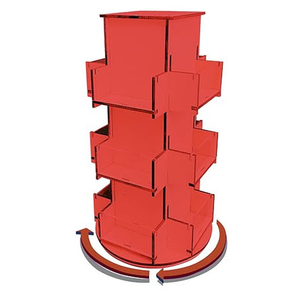Rotating Display Stand, 3 Tier Wooden Organizer, 4-Sided Display Rack, 360 degree Spinning Multi-Pocket Tabletop Display Stand for Coasters, Stickers, Retail, Showcase, Tradeshow, 17”H, Red - style: RED