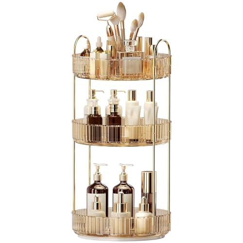 360° Rotating Makeup Organizer, Large-Capacity Skincare Make Up Storage 3 Tier Perfume Organizers Cosmetic Dresser Organizer with Makeup Brush Holder, Fits Bedroom, Bathroom, Vanity Shelf Countertop - color: Honorable Gold, size: 3 Tier
