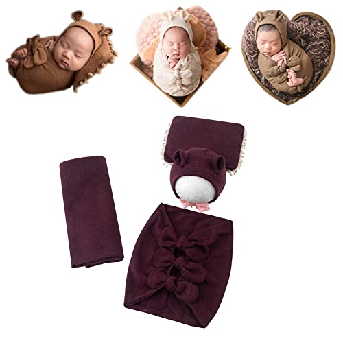 Newborn Baby Boy Girl Photography Props Bow Wrap, Posing Aid, Hat and Blanket Set of 4 Pcs - color: Purple Red