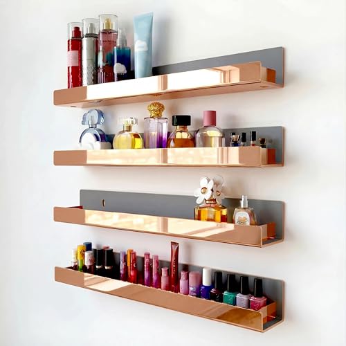 4 Pack 15 Inch Rose Gold Reflective Acrylic Shelves, Rose Gold Floating Shelves, Modern Sunglasses Essential Oil Picture Ledge Display Toy Storage Shelf - color: 15in-rose Gold Mirror