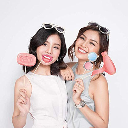 25Pcs Spa Photo Booth Props with Stick, Makeup/Spa Party Decorations for Women, Girls, Birthday Party Decorations, Makeup Selfie Props