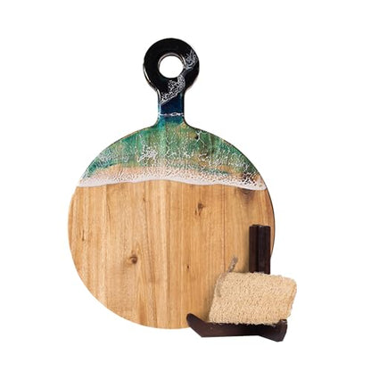Acacia Wood Serving Board with Ocean Resin Art, 18.1" x 13" Charcuterie Cheese Tray for Display & Prep, Cutting Board on Back, Includes Stand & Loofah, Christmas Housewarming Gift (Round) - color: Round Cutting Board, size: 18.1" x 13" x 0.7"