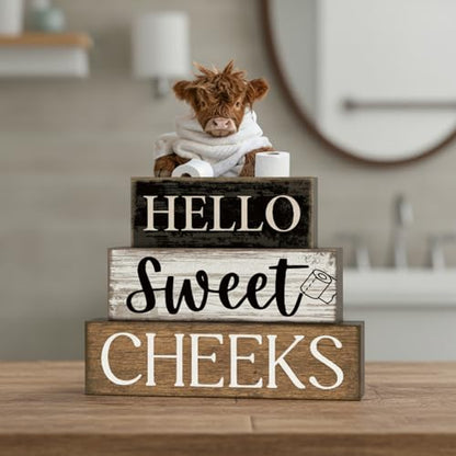 Moucuny 4 Pcs Bathroom Shelf Decor Highland Cow Farmhouse Bathroom Decor and Accessories Rustic Eucalyptus Leaves Hello Sweet Cheeks Highland Cow Sign Western Table Centerpiece for Home Office Toilet - style: Bathroom Highland Cow