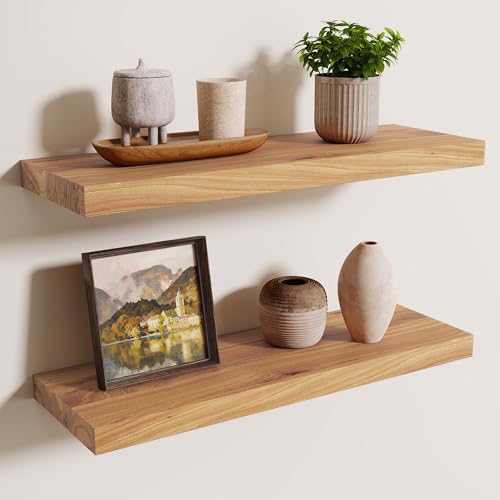 Axeman Floating Shelves for Wall, 24''W x 8'' D Rustic Solid Elm Wood Shelves for Storage, Wall Mounted Display Shelving with Invisible Heavy-Duty Metal Bracket (Natural, 2PCs) - color: Natural Elm With Flat Edge, size: 24 inches - 2P