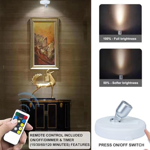 HAMVIDNE LED Spotlight, Battery Operated Picture Lights, Uplighting Indoor, Puck Lights with 2 Remote, Dimmable Spot Up Light for Wall Display Dartboard Painting Artwork Accent - color: White Silver, size: 2 Pack