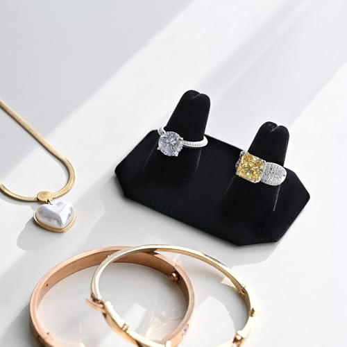 MOOCA 2 Pcs Set 2-Ring Organizer for Showcase Display Ring Finger Holder Jewelry Display Stands Showcase Jewelry Storage Counter, Black Velvet, 3 W x 2 1/8 D x 1 1/4 H inch - color: Black Velvet, Short Finger