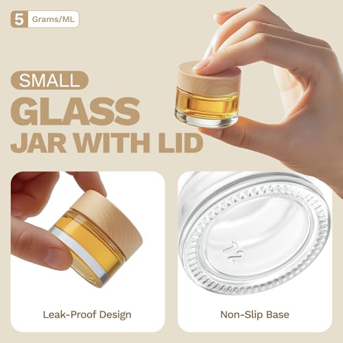 Bumobum 48 Pcs 5 Grams Glass Cosmetic Jars with Plastic Wood-Grain Lids, 5 ml Lip Balm Containers Empty Tiny Sample Jars for Lip Scrub Makeup Eye Cream Travel - color: 5g-48pack