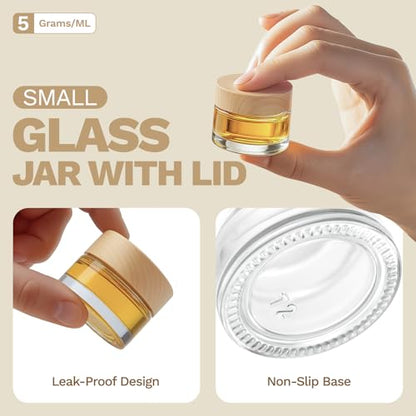 Bumobum 48 Pcs 5 Grams Glass Cosmetic Jars with Plastic Wood-Grain Lids, 5 ml Lip Balm Containers Empty Tiny Sample Jars for Lip Scrub Makeup Eye Cream Travel - color: 5g-48pack