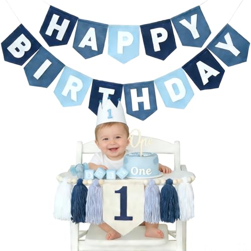 Navy Blue 1st Birthday Decorations for Boy -high chair banner first birthday boy Felt Happy Birthday Banner，birthday cake topper & Crown Hat,All-in-one First Birthday Decor Kit for Baby Boy - color: Blue