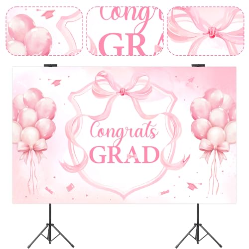 Congrats Grad Decorations Backdrop Banner Pink 5.9×3.6 ft, Bow Graduation Decorations Backdrop Background Photo Booth Prop Vinyl for Girl Class of 2026 Congrats Grad Congratulations Party - size: 5.9*3.6ft
