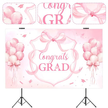 Congrats Grad Decorations Backdrop Banner Pink 5.9×3.6 ft, Bow Graduation Decorations Backdrop Background Photo Booth Prop Vinyl for Girl Class of 2026 Congrats Grad Congratulations Party - size: 5.9*3.6ft