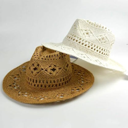 Straw Cowboy Hats Ventilated Hollow Round Foldable Sun Hats for Women Summer Western Cowgirl Beach Hat Photo Prop - color: Beige