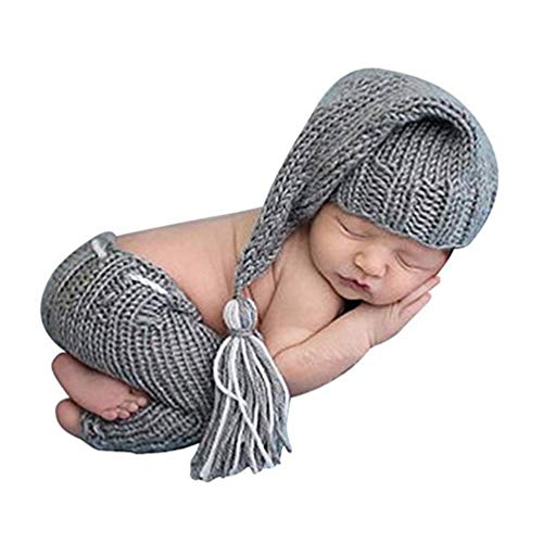 Newborn Baby Photo Shoot Props Girl Boy Crochet Knit Hat Costume Stripe Hat Pants Overalls Photography Props - color: Gray